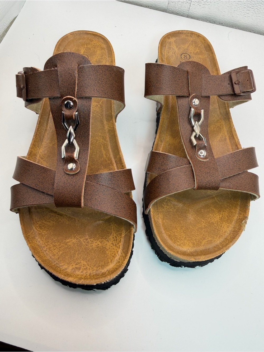 RK Collection Brown Leather-Look Slide Sandals